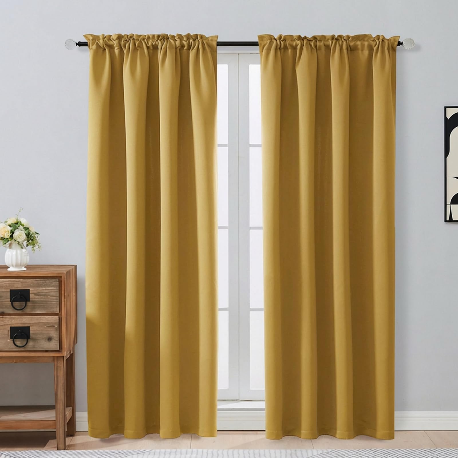 OVZME Bright Gold Blackout Curtains for Bedroom 72 Inch Length 2 Panels Set, Thermal Insulated Curtains for Living Room Nursery, Energy Saving Window Drapes for Patio French Door Front Door, 2x40Wx72L