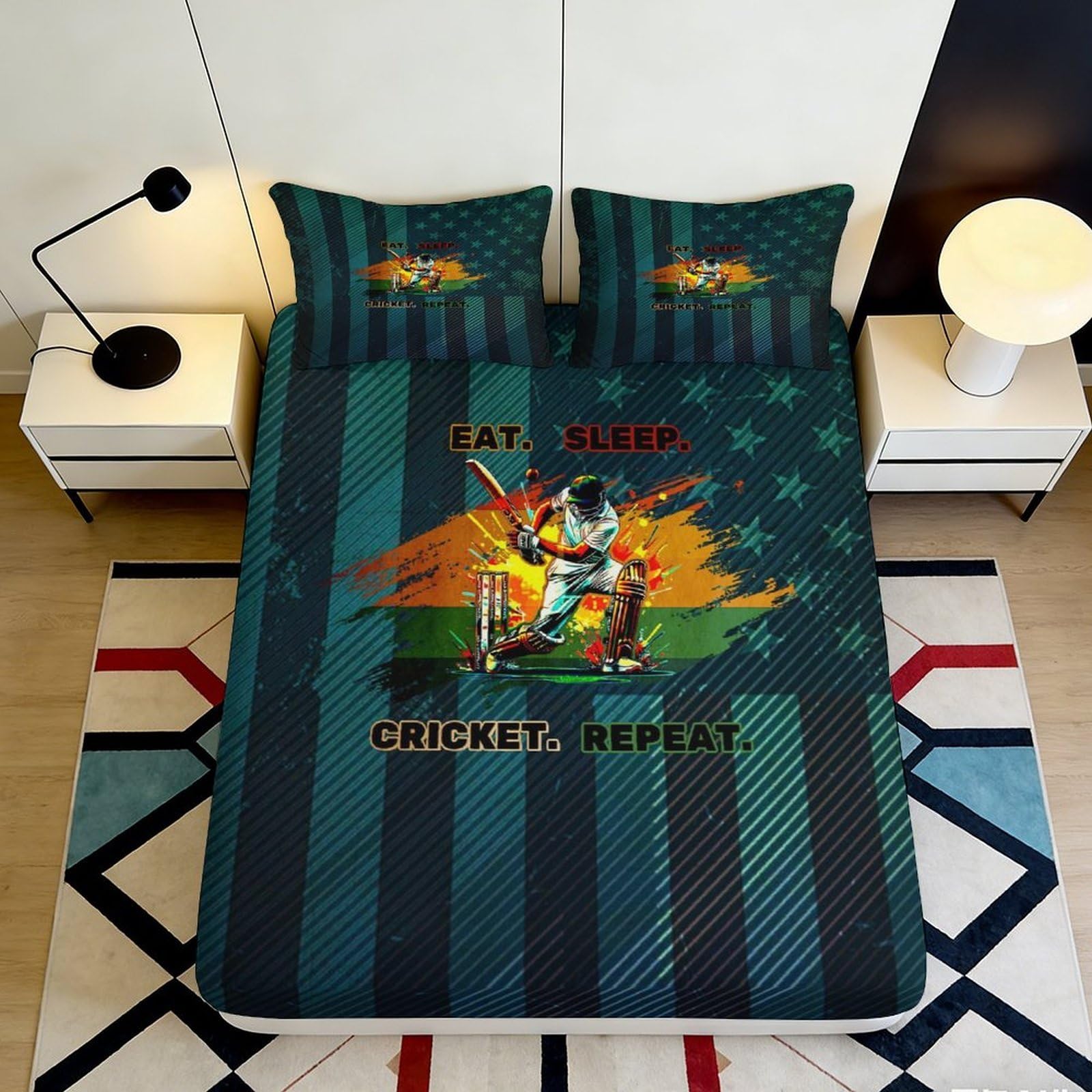 3D Printed Cricket Player Fitted Sheet Microfiber Soft Durable Eat Sleep Pattern Bed Cover for Bedroom Dormitory Guest Room Mattress Protection 120x200x25cm