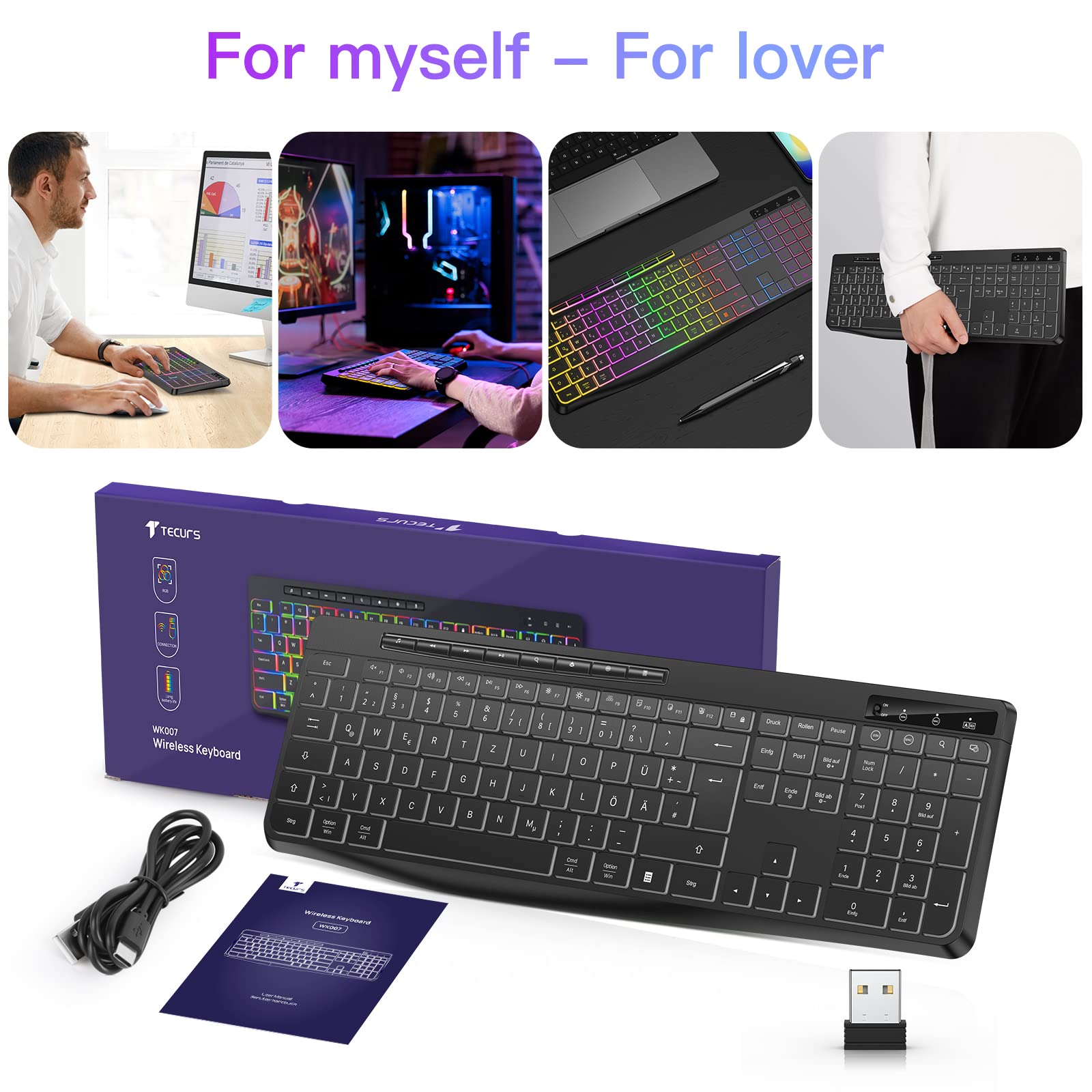 TECURS Klawiatura bezprzewodowa do gier – cicha klawiatura QWERTZ, podświetlana, ergonomiczna, wodoszczelna, 2,4 GHz LED Keyboard do Windows/Mac/PS4/Xbox z przyciskami multimedialnymi, czarna