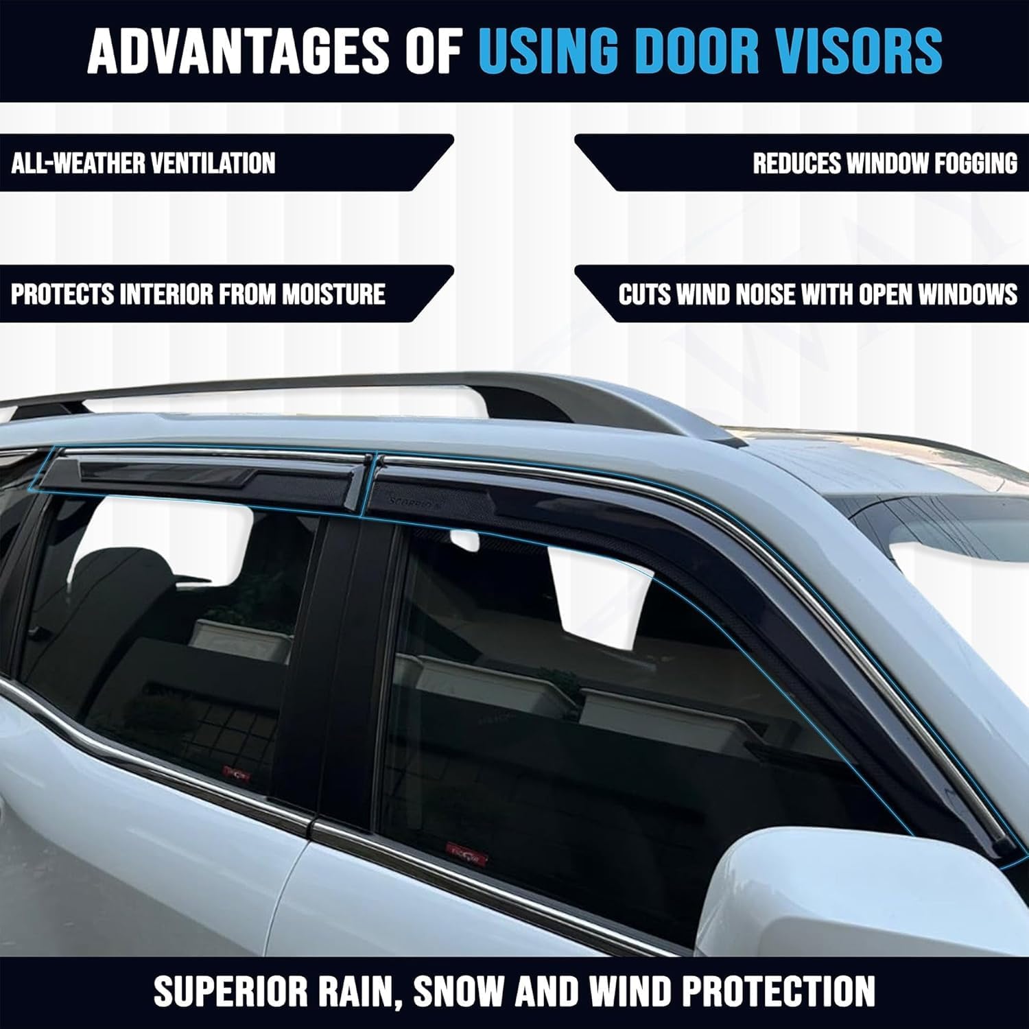 Carens Clavis Side Door Visor Car Rain Guard Compatible with Kia Carens Clavis (Year 2025 Onwards) All Model - Chrome Lined Rear Window Wind Deflectors, Polycarbonate, Smoke, Set of 6 Pcs - Image 5 thumbnail