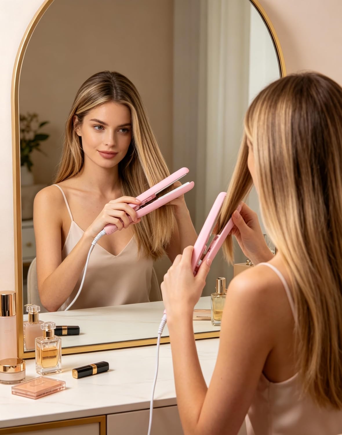 Mini Pink 2-in-1 Ceramic Curling Iron and Straightener, Travel Size Dual Voltage Hair Styling Tool for Short Fine Hair, Lightweight Portable Iron Heating Curler