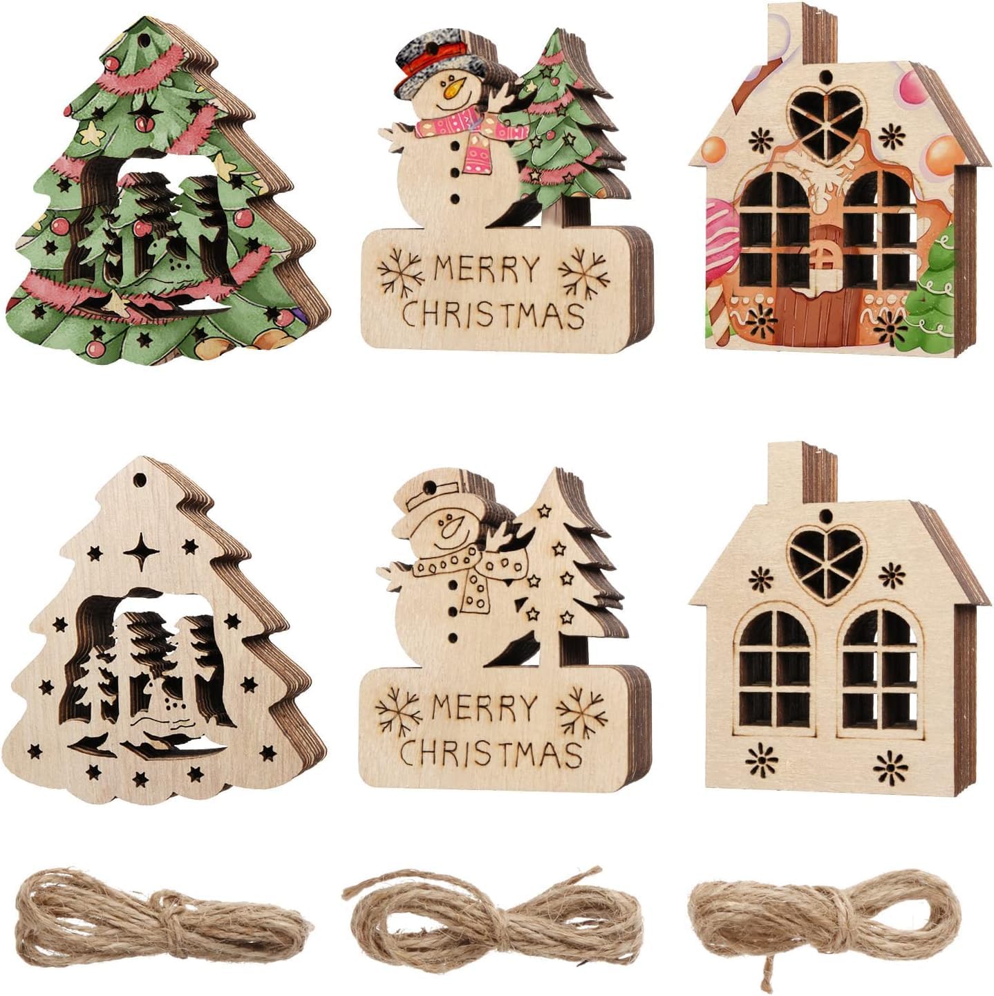 American Elm 30 PCS Wooden Christmas Decorations Xmas Tree Hanging Ornaments, Wood Tags Ornaments Snowflake Snowman Pendants for Christmas Tree Hanging Decor
