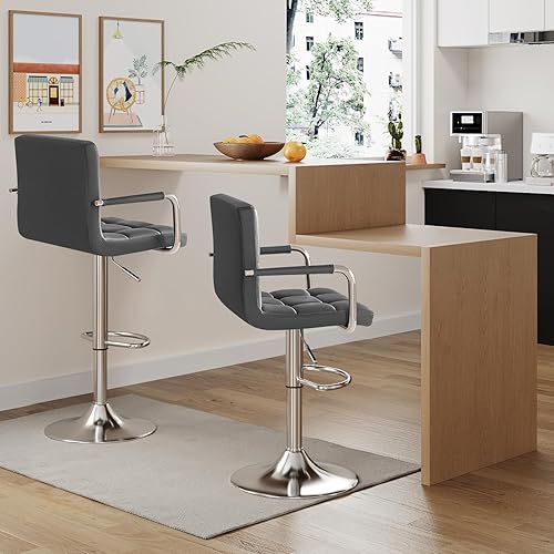 Vista 2 de Furmax Taburetes de bar con reposabrazos, taburete de bar hidráulico ajustable giratorio de piel sintética, base XL y asiento cuadrado de altura