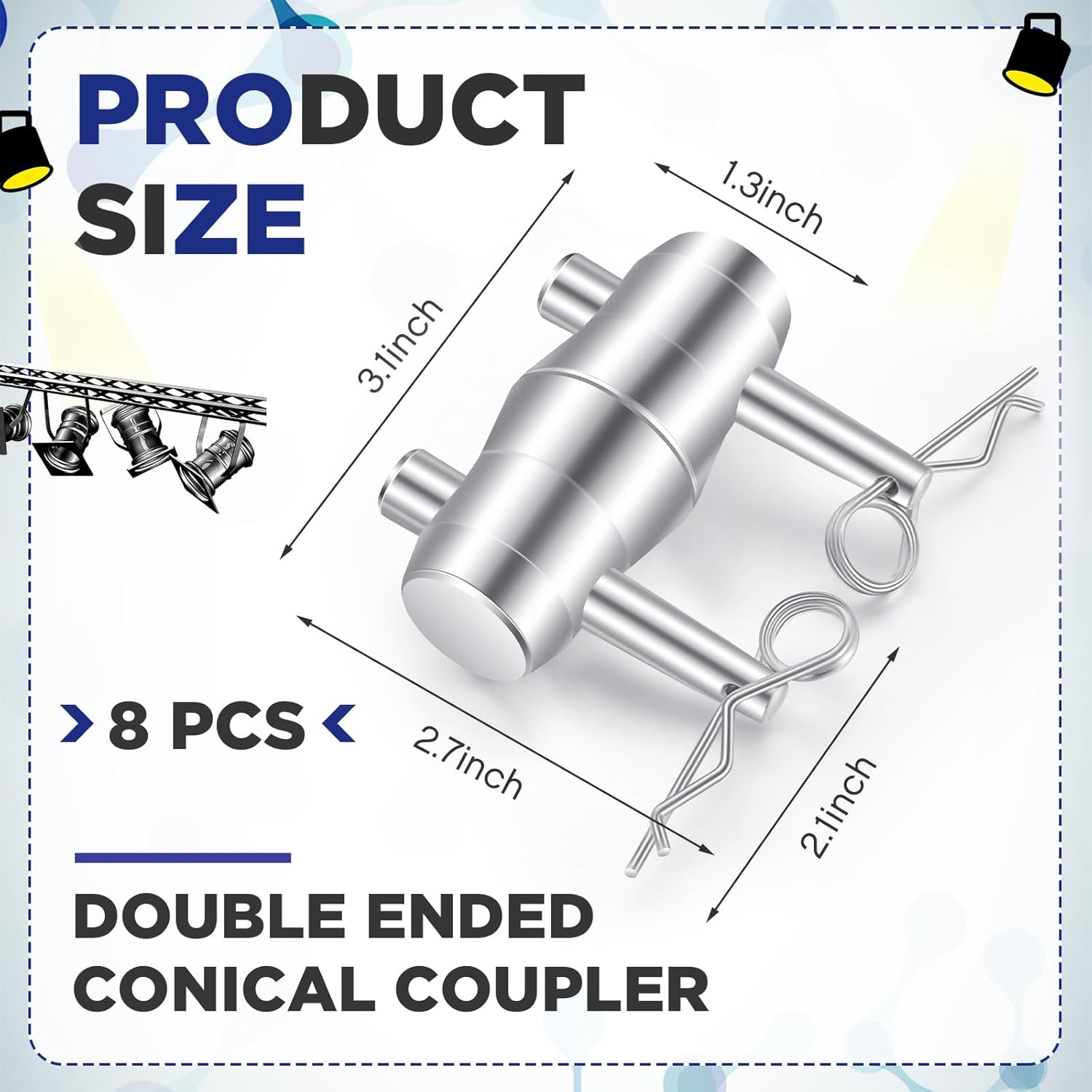 Blulu 8 Pack Double Ended Conical Coupler with Clips Pin Truss Clamp DJ Stage Lighting Truss Pipe Connector Trusses Parts Stage Lighting Accessories Fit F34 F33 Pipe 50mm