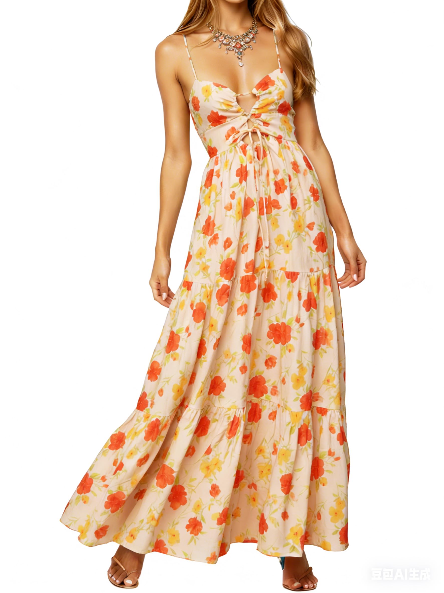 Womens Summer Floral Spaghetti Strap Backless Smocked Milkmaid Flowy Beach Sundress