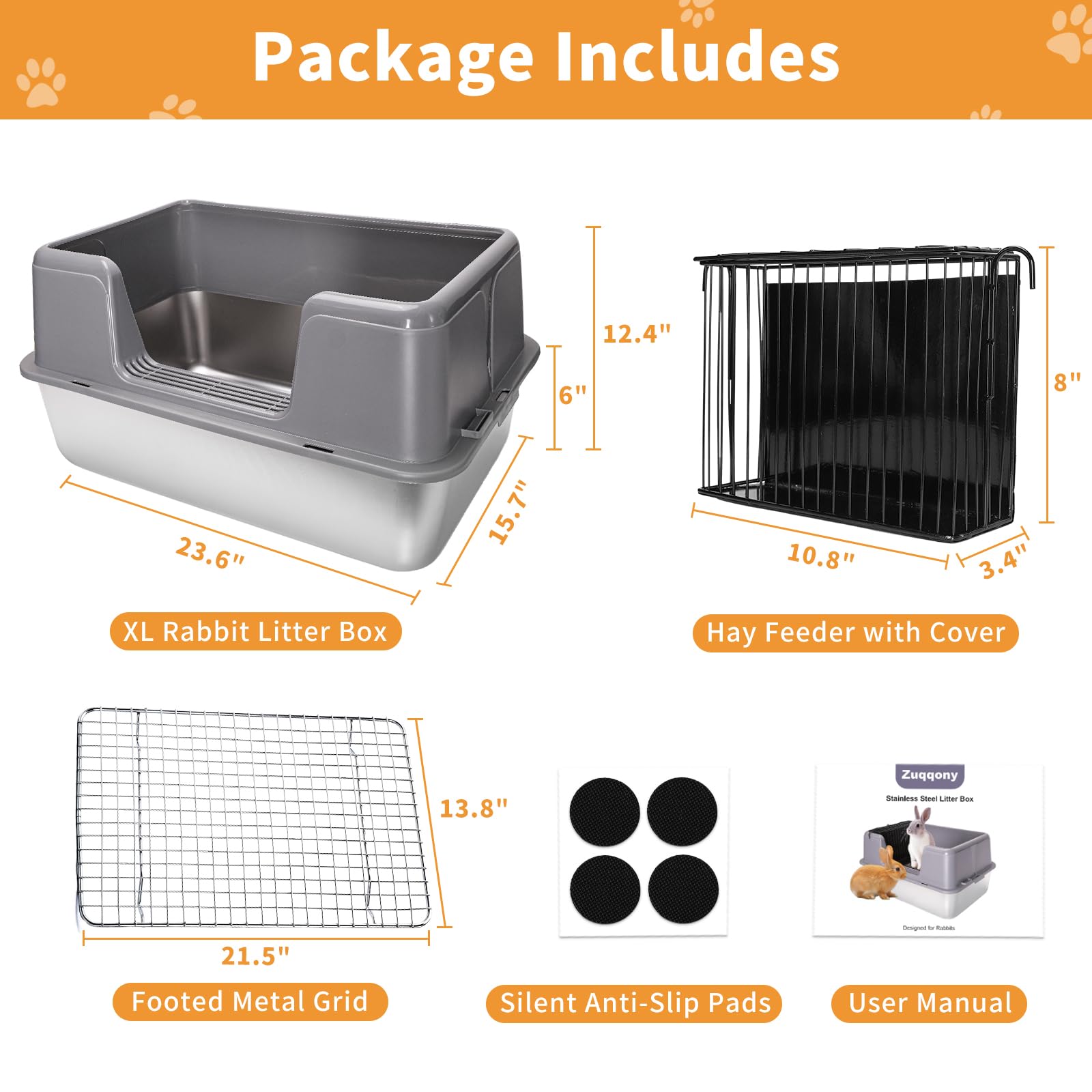 Zuqqony XL Rabbit Litter Box, 23.6" L x 15.7" W x 12.4" H Stainless Steel Rabbit Litter Box with Lid, Hay Feeder with Hooks, Footed Metal Grid, Easy to Clean for Medium and Large Rabbits - image 7