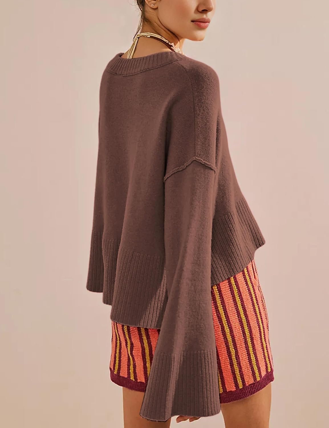 Sweaters for Women Bell Long Sleeve Crewneck Side Slit Fall Winter Casual Oversized Pullover Knit Sweater Top(0001) - Image 2