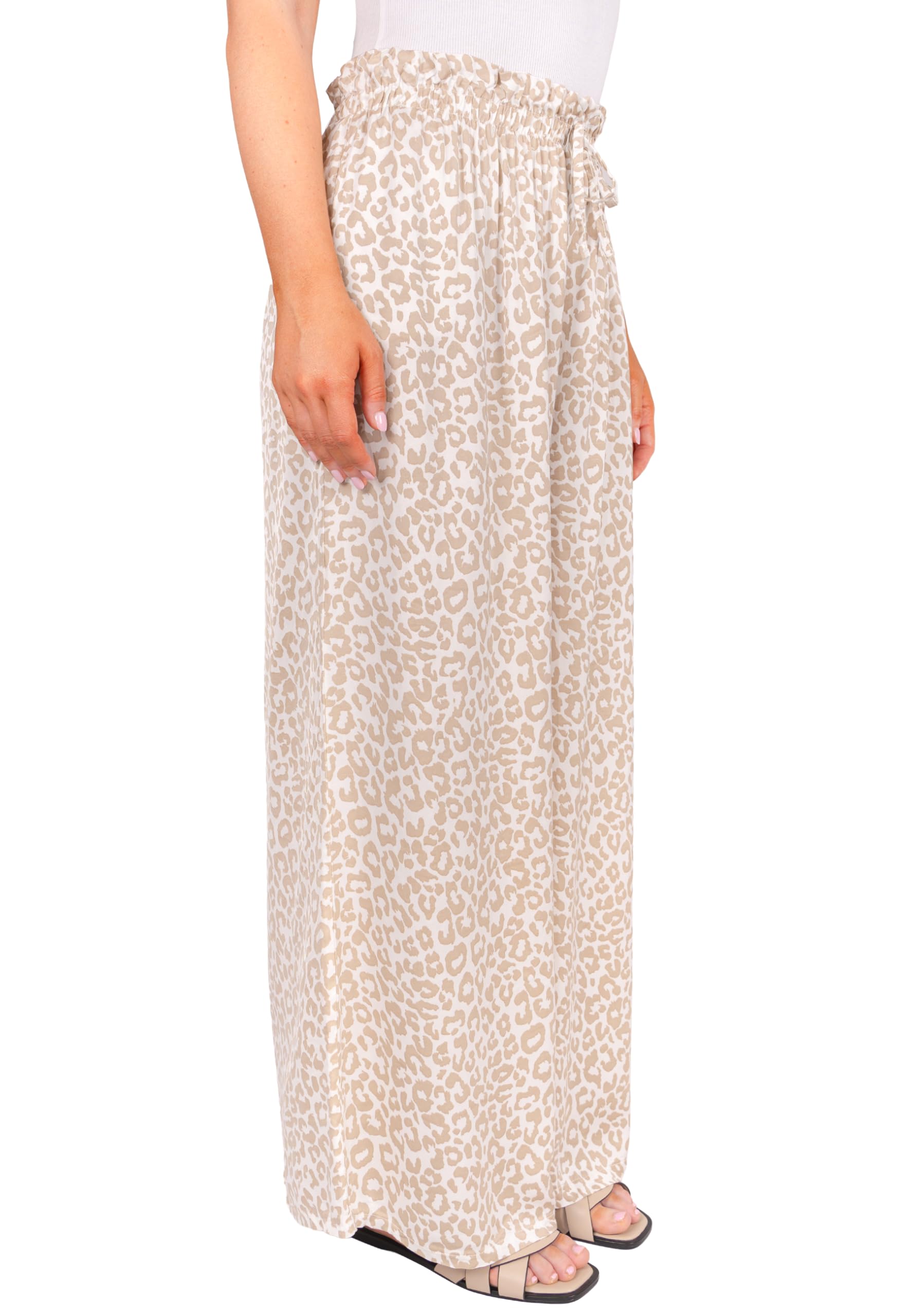 Satinhose Penelope Damen – Palazzo Hose Weit mit Leo Print, High Waist Paperbag-Bund, Elegante Sommerhose OneSize bis Gr. 42