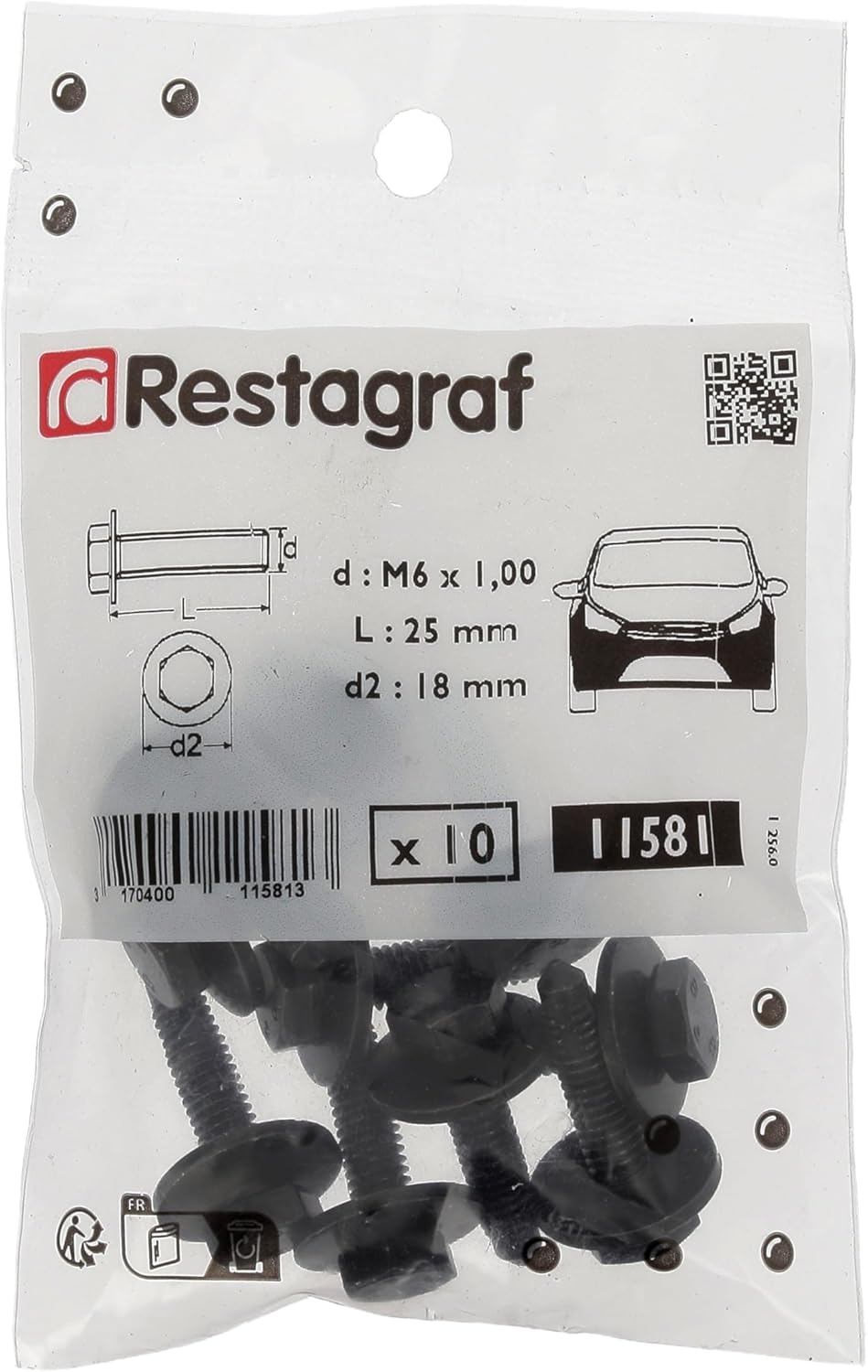 Restagraf - Special Hex Body Screws - XC60 Steel - Diameter M6-1 x 25mm - Ref 11581 - Compatible with Alfa Romeo, Citroen, DS, Fiat, Nissan, Opel, Peugeot, Toyota - Pack of 10