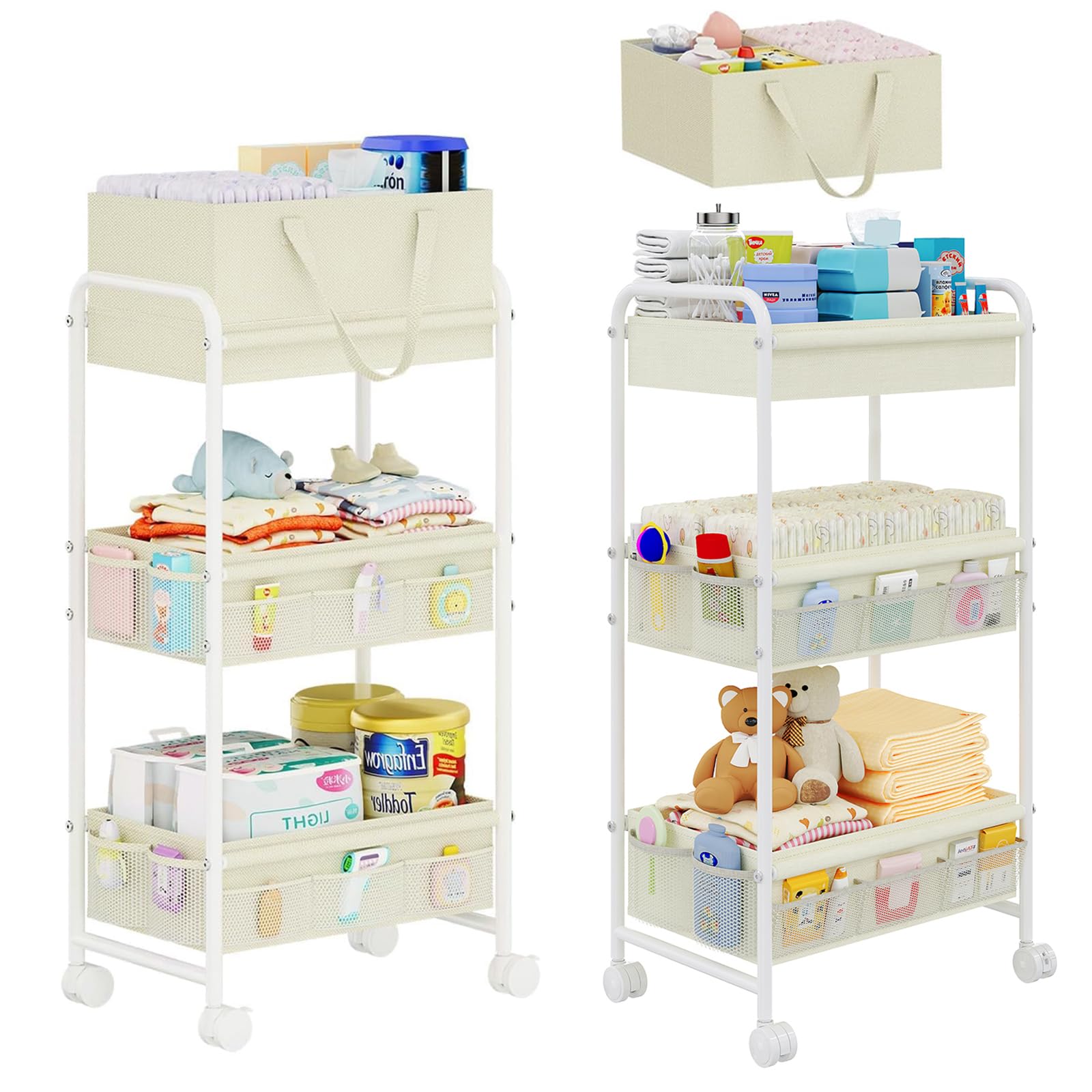 Cidaziya 2 in 1 Baby Diaper Organizer with Diaper Caddy Basket,Nursery Organizers and Storage Cart for Baby Essentials with Side Pockets, Rolling Postpartum Cart for Nursery, Baby registry