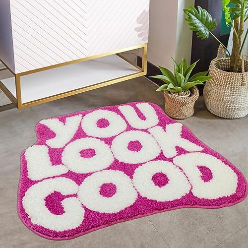 Alfombra de baño con texto en inglés "You Look Good", alfombra de baño divertida y bonita, antideslizante, de microfibra, de felpa, pequeña, fresca,