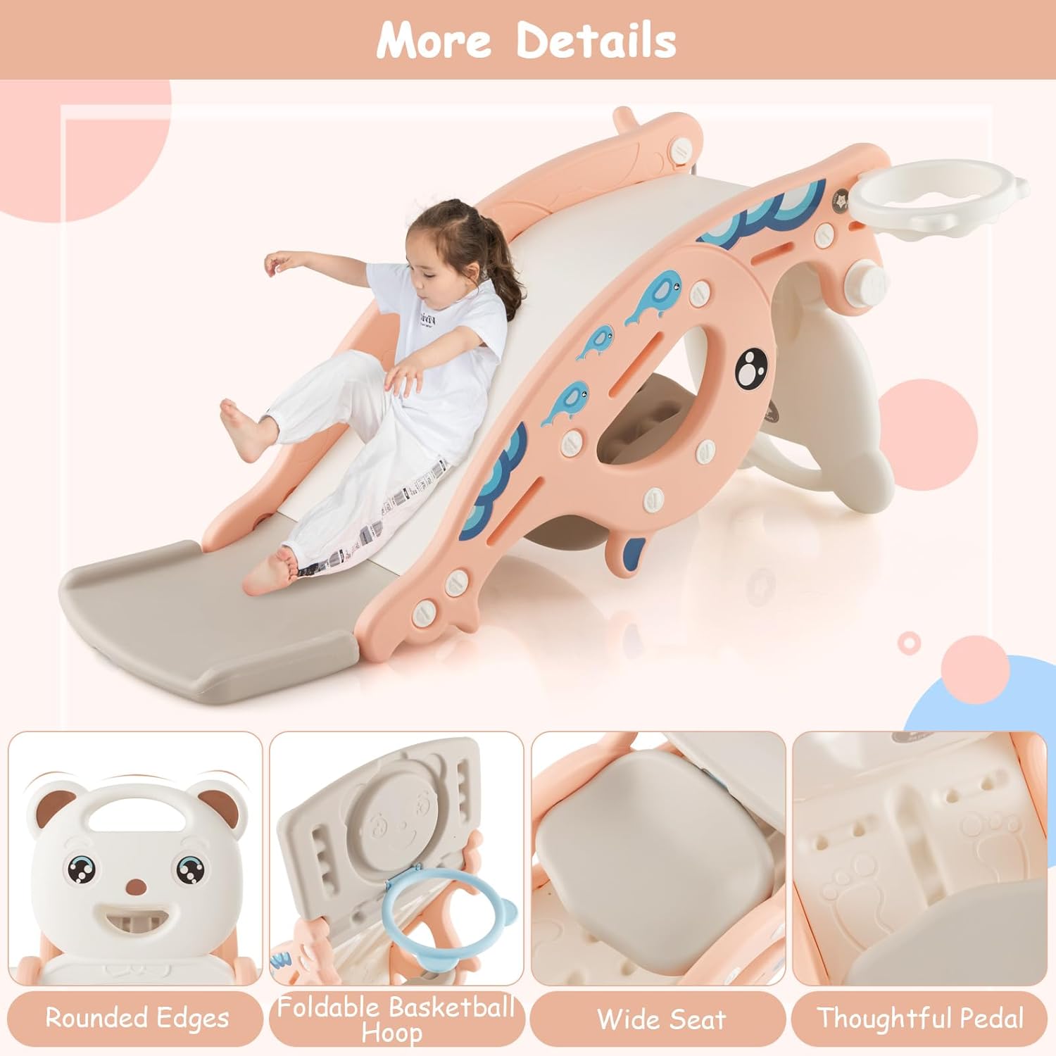 Costzon 4 in 1 Toddler Slide Rocking Toy, Slide for Kids with Basketball Hoop and Ring Game, Rocking Horse, Foldable Climber Playground Slide for Both Indoors Outdoor Use (Pink Ocean), YMHT1003