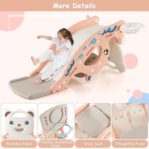 Miniatura 6 de Costzon Juguete mecedor 4 en 1 para niños pequeños, tobogán para niños con aro de baloncesto y juego de anillo, caballo mecedor, tobogán plegable