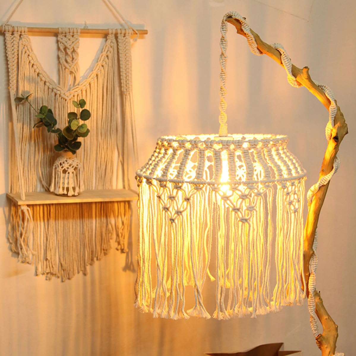 PACKOVE Paralume Intrecciata Cotone e di Sospensione a per Lampada in Corda Beige Stile Bohemien Elegante Facile Installare per Lampada da Soggiorno Camera da Letto