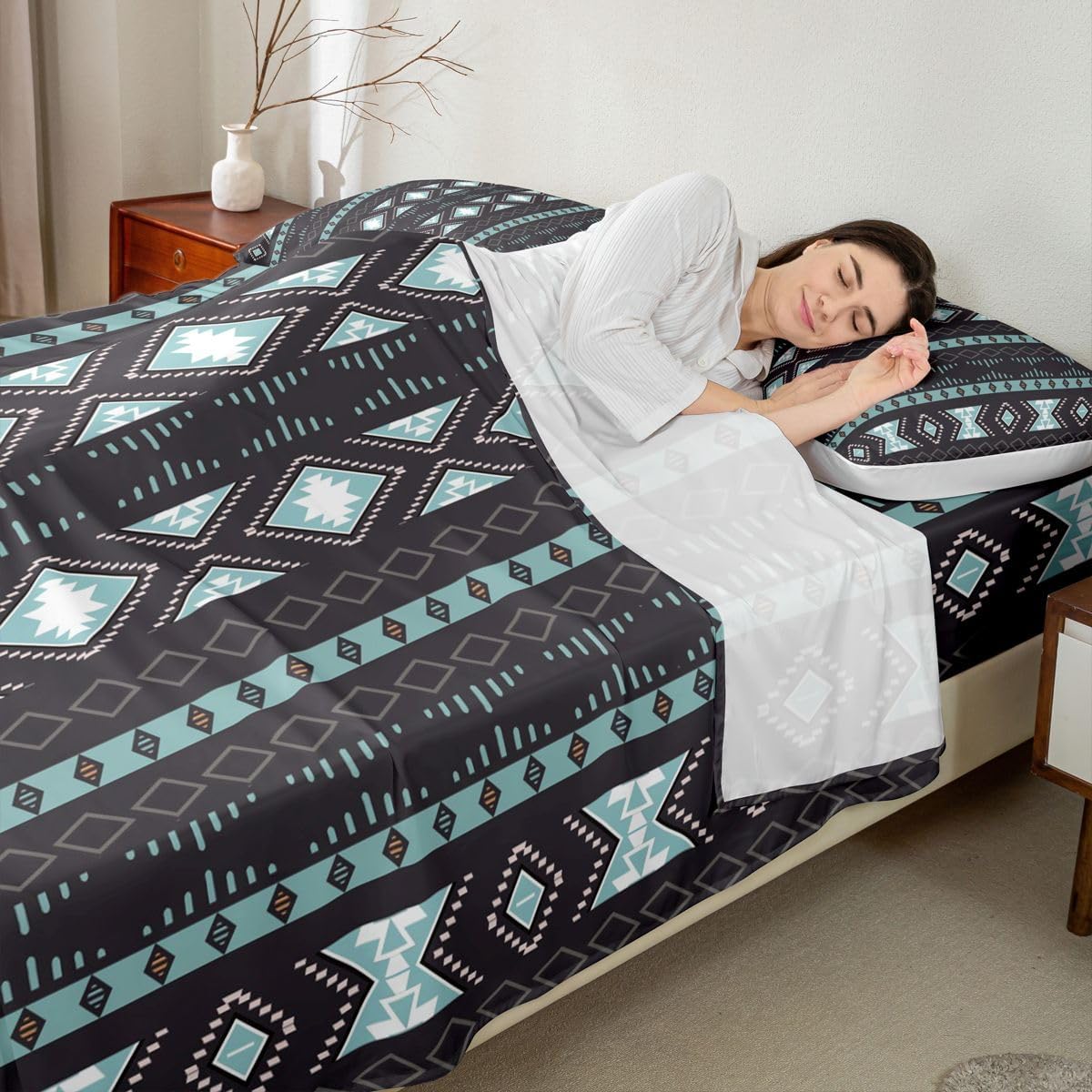 Erosebridal Bohemian Fitted Sheet Boho Aztec Striped Sheet Set for Teens Boys,Tribe Geometric Triangle Bed Sheets Mexican Style Flat Sheet Bohemian Style Room Decor Queen,Southwestern Decor