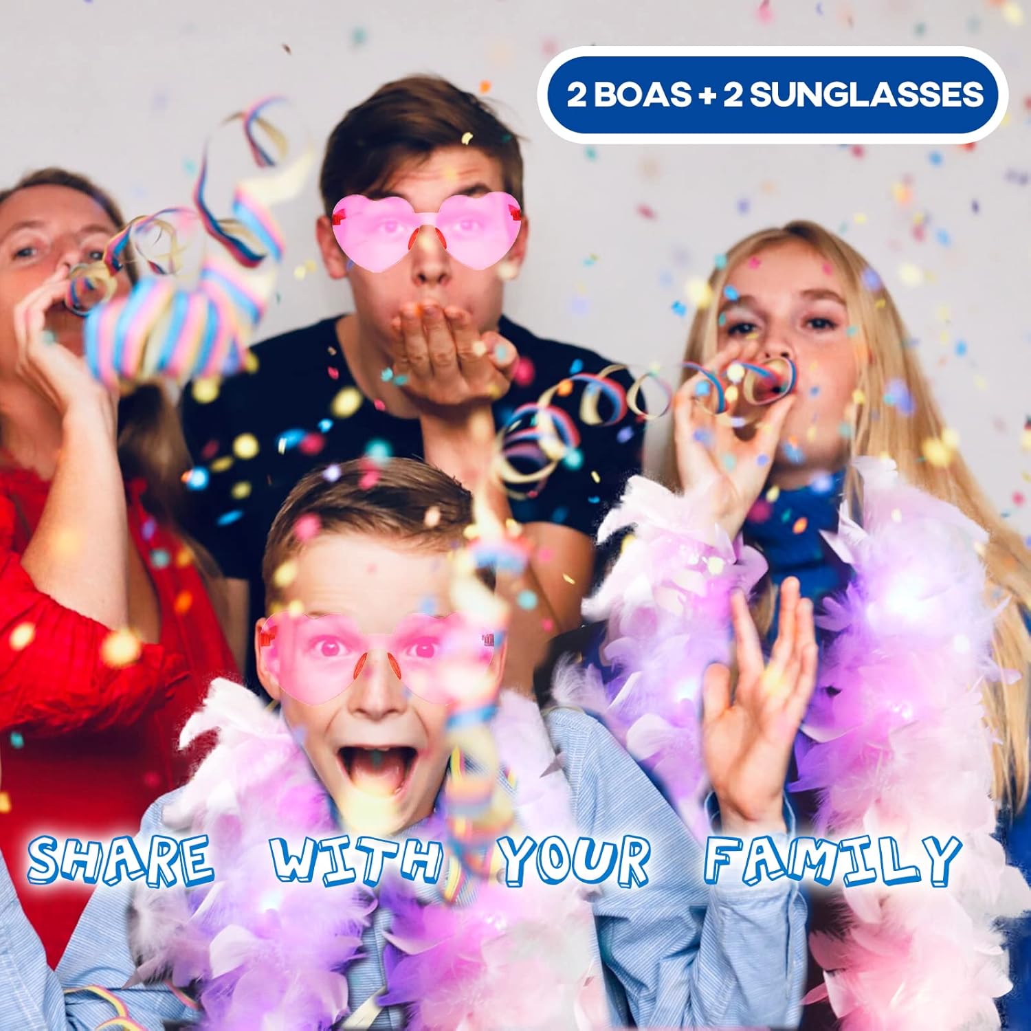 2 Pcs Feather Boas with Heart Rimless Sunglasses，4 ft Feather Boa Halloween Christmas Bachelor Party Pack Accessory - Image 3