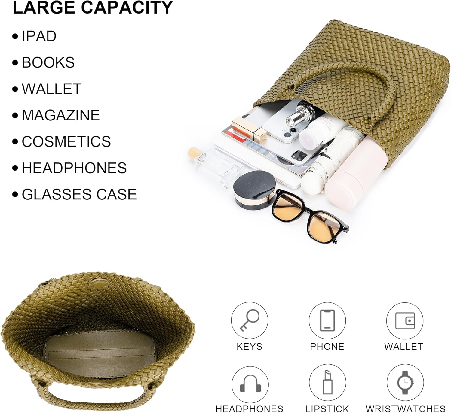 Woven Tote Bag for Women - Large Woven Leather Shoulder Handbag for Women, Stylish Purse for Work Travel Beach