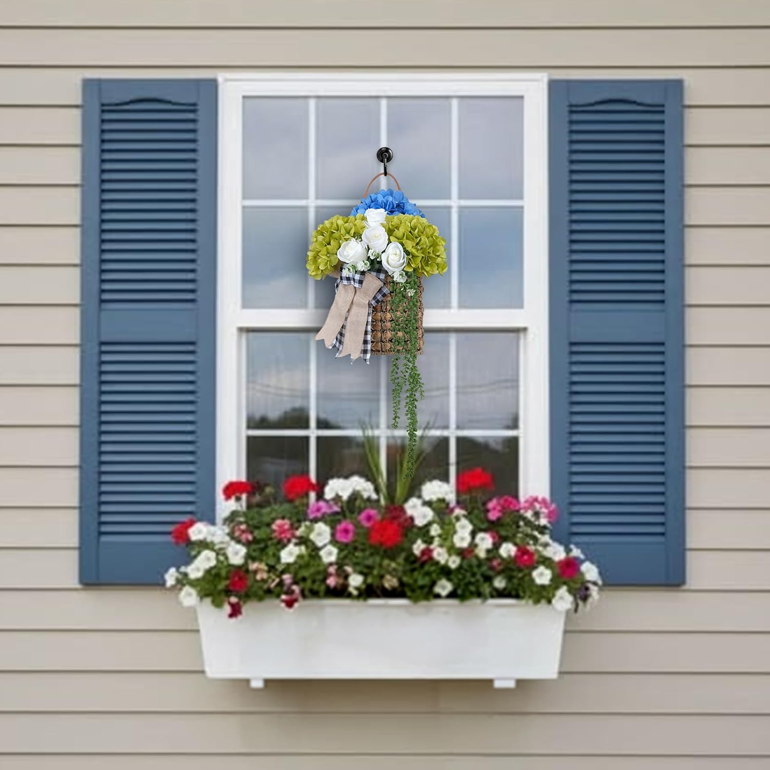 23.6" Hydrangea Basket Wreaths for Front Door Summer Hanging Basket | Blue & Green Hydrangea Wreaths for Front Door with Rose for Porch Wall Window Farmhouse Decor