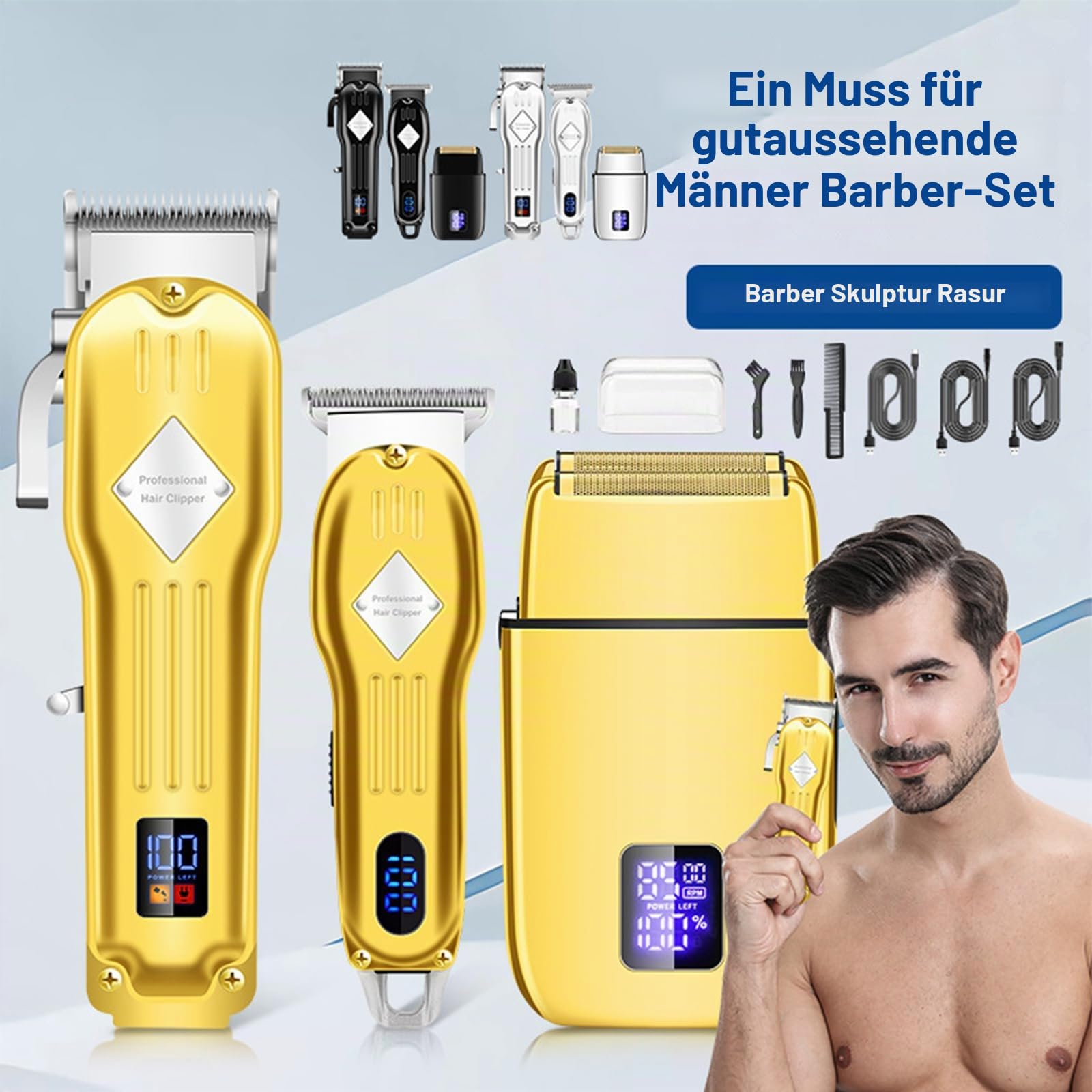 Elektrischer Haarschneider für Männer, kabelloser Haarschneider, Bartschneider-Set, Herren-Haarschneideset für Friseure mit LCD-Display, 9 Führungskämmen, Geschenke für Männer