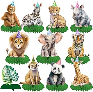 12Pcs Safari Animals Party Honeycomb Centerpieces Jungle Theme Party Decorations Safari Birthday Party Table Centerpieces for Wild One Baby Shower Supplies
