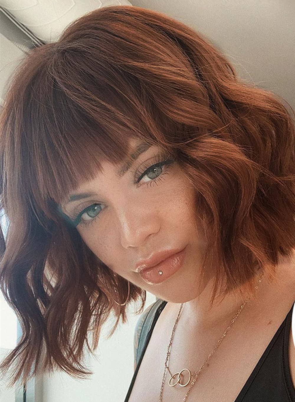 Menoqi Bob Wigs Short Brown Wig with Bangs for Women 11'' Curly Wavy Synthetic Hair Wig for Party Daily Halloween WIG238BR