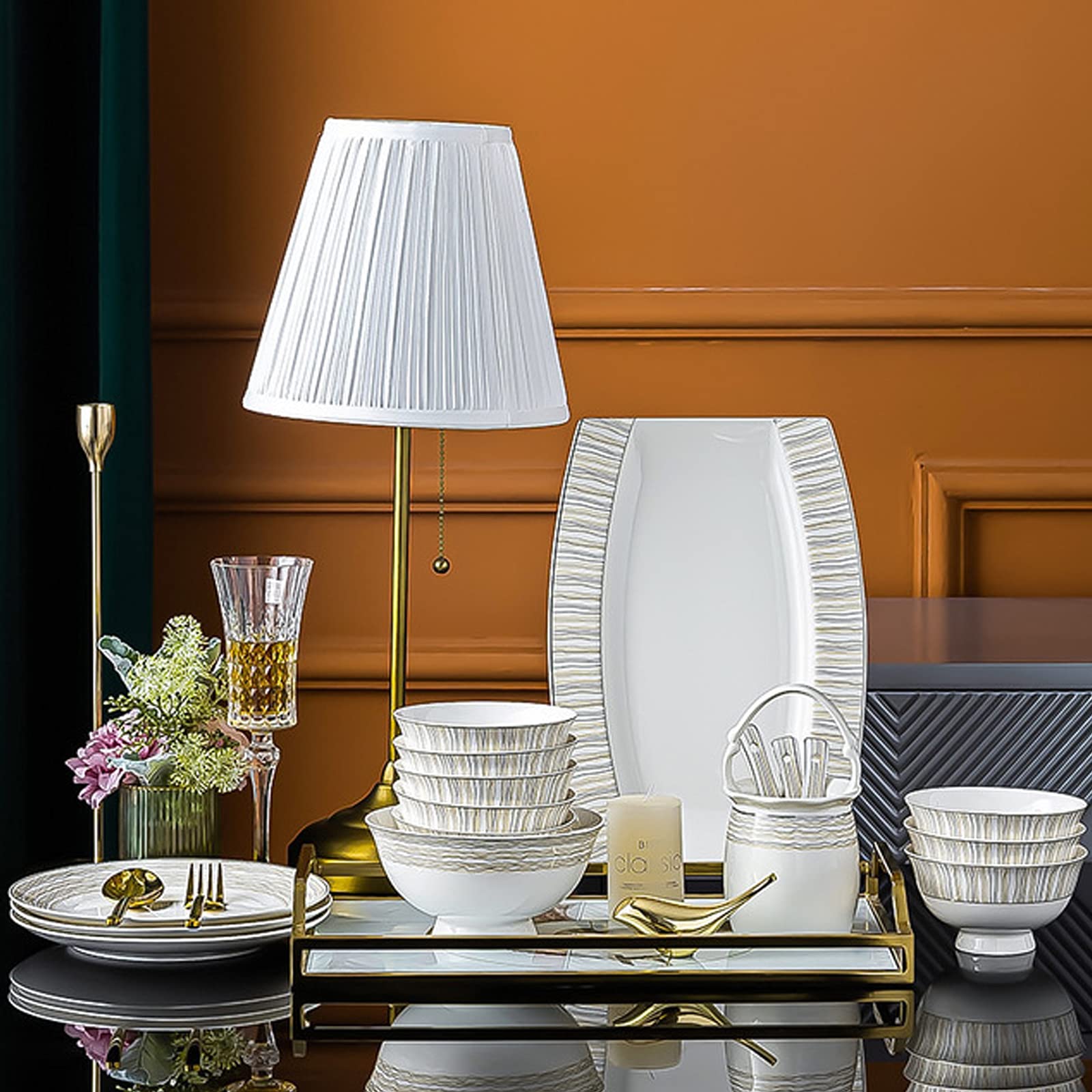 Bone China Dinner Sets Nordic Creative Relief Phnom Penh Kombination Keramik Geschirr Anzug Geeignet für Geschenke Hochzeit Hotel 60 Stück