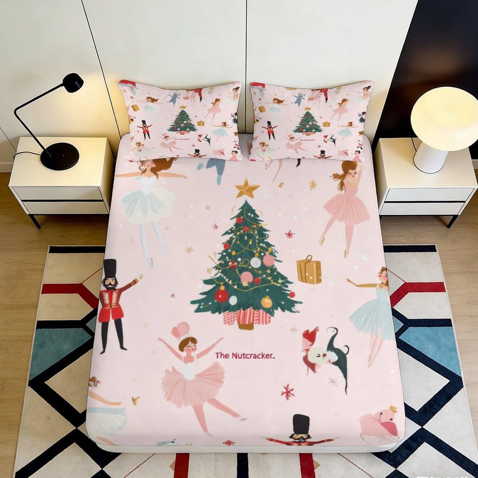 3D Printed Nutcracker Ballet Fitted Sheet Microfiber Pink Christmas Tree Mattress Cover Bedroom Decor Anti-Slip Washable 200x200x25cm