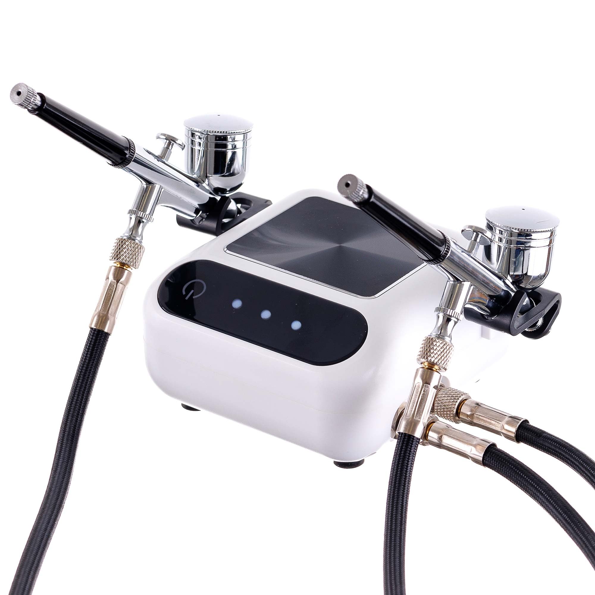 TC TECHNIC - Compressore per Aerografo - Senza Olio, Silenzioso - con 2 Tubi da 1,7m e 2 Pistole per Aerografo - Avvio/Arresto Automatico - Controllo Elettronico Della Pressione - Bianco