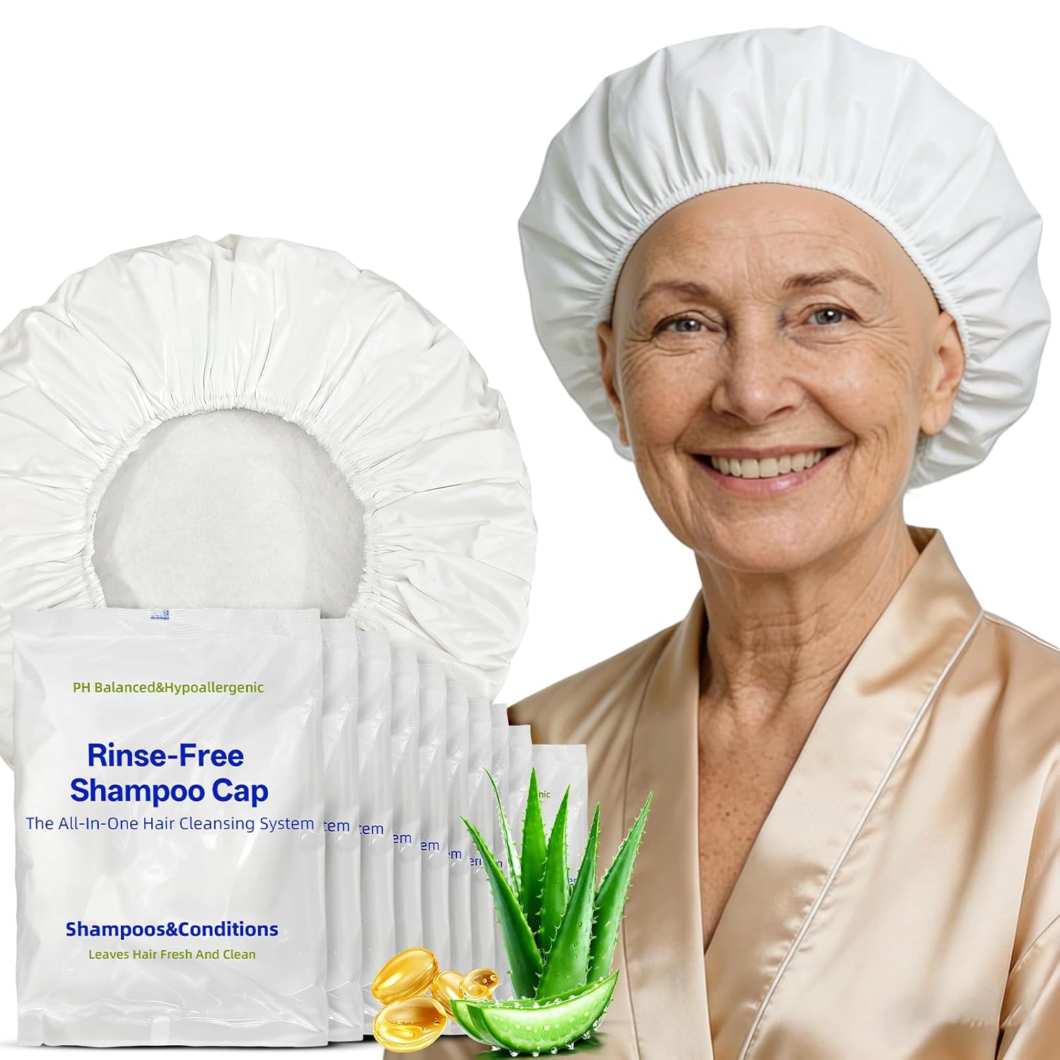 Tolnetr Shampoo Caps No Water Rinse Microwavable | Waterless Rinse Free Shampoo Cap Hair Washing for Bedridden Patients Post-Surgery Elderly Care, Camping | PH Balanced, Portable, Easy to Use - 8 Pack