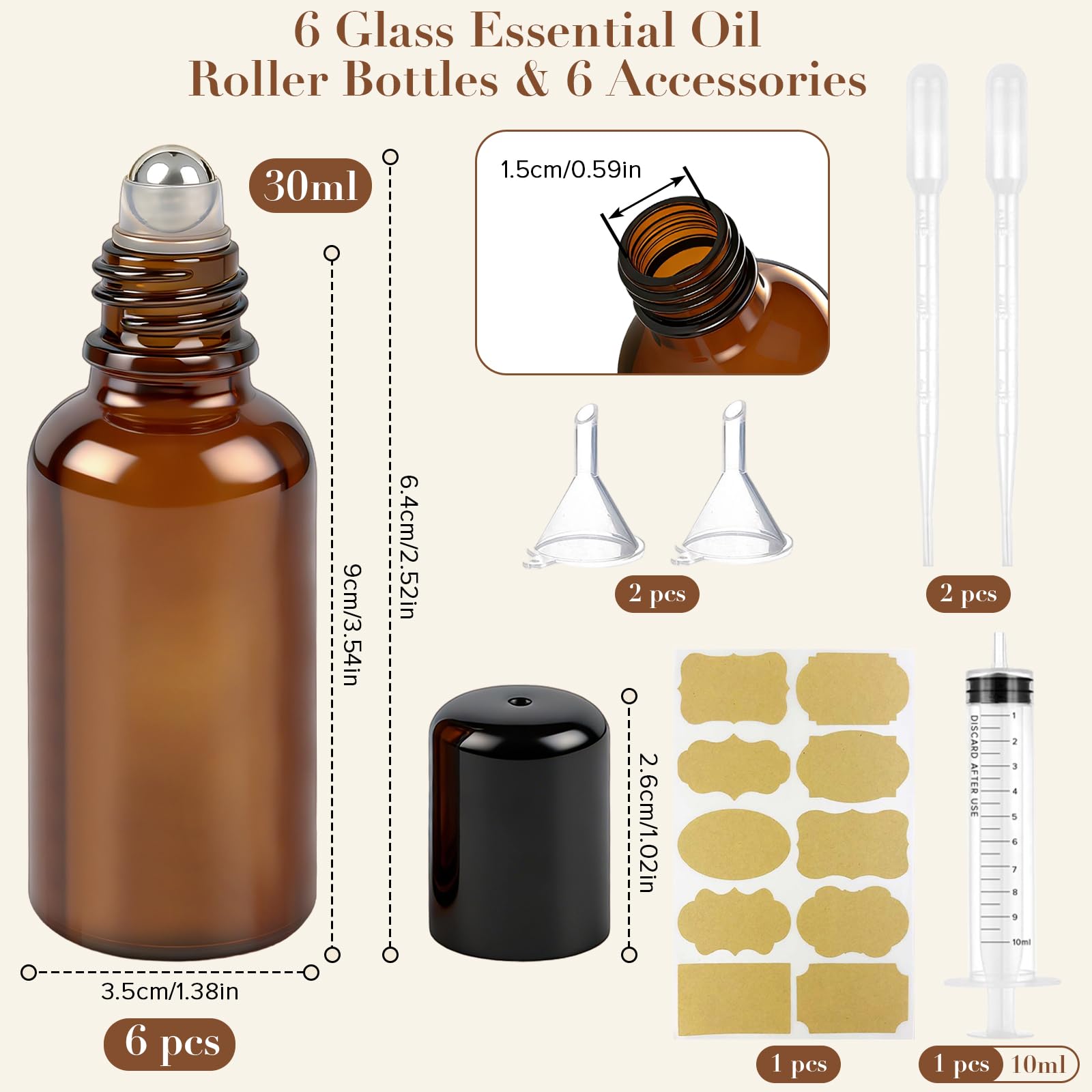 6 flaconi roll-on in vetro da 30 ml per oli essenziali, con sfere roll-on in acciaio inox, ricaricabili, per profumi, cosmetici, aromaterapia, massaggi
