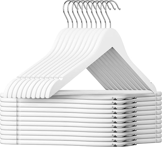 Nyxi Pack of 60 Wooden Clothes Coat Hangers with Round Trouser Bar and Shoulder Notches Strong Premium (White)
