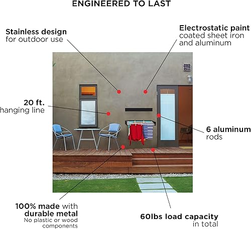 Miniatura 6 de Step Up - Tendedero para lavandería, montado en la pared, retráctil, capacidad de 60libras, 20pies lineales, con plantilla de pared y broca de