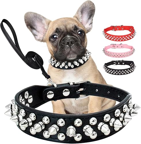 FUNOJOY Collar de púas para perros con correa, remache de hongo ajustable de piel sintética para mascotas pequeñas, medianas y grandes
