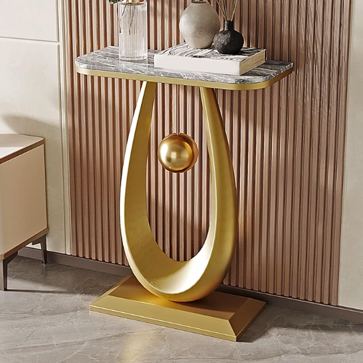 Narrow Console Table with Teardrop-Shaped Base, Modern Long Accent Sofa for Entryway, Living Room Behind Couch or Hallway(Gray+Black,60cm/23.6in)