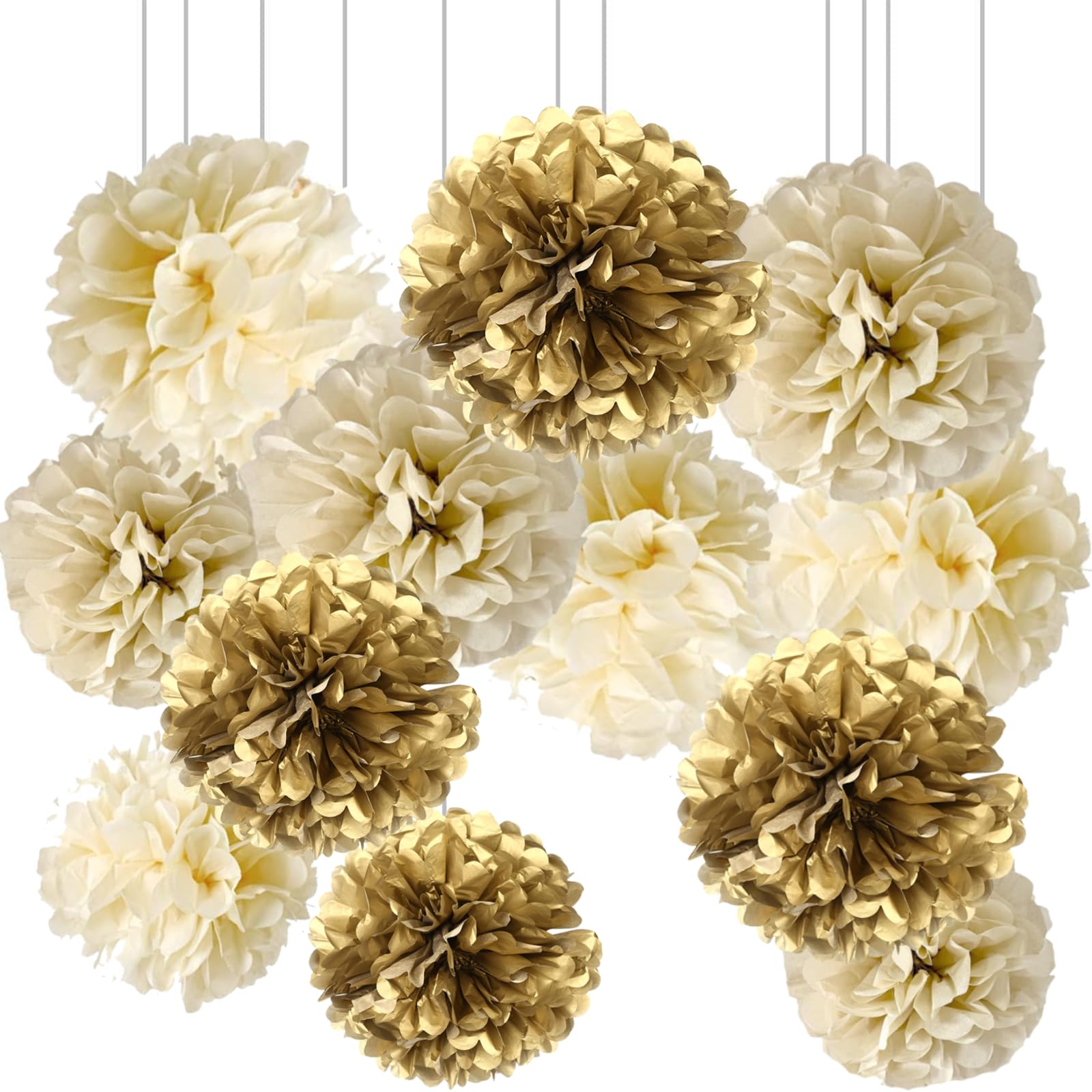 Gold Champagne Gold and Ivory Paper Pom Poms for Wedding Birthday Gold Party Decoration - Ceiling Wall Hanging Tissue Flowers - 12pcs 3 Colors of 12 Inch 10 Inch 8 Inch