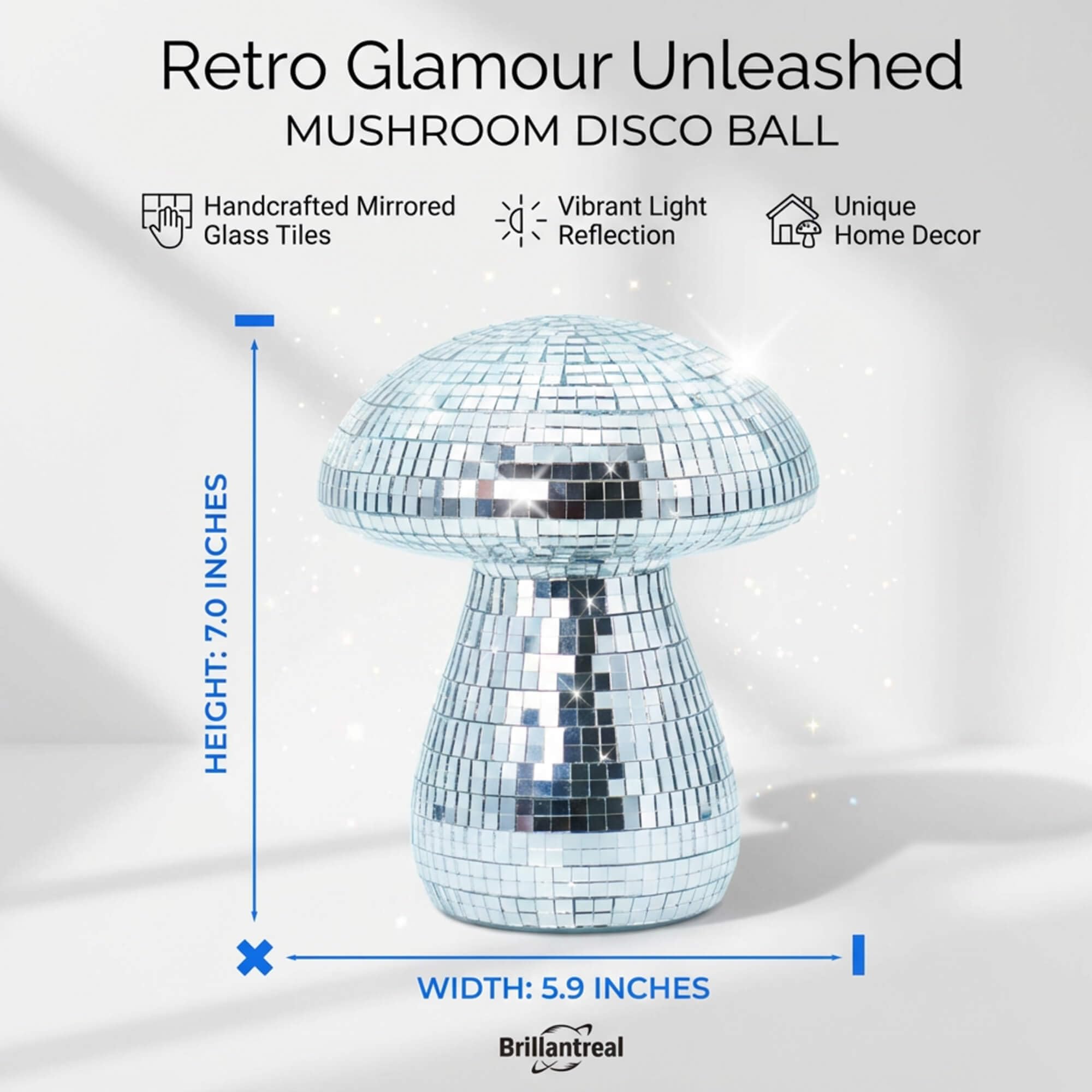 Boule Disco en Forme de Champignon - 17,8 cm - Effet Miroir argenté - Fait à la Main - Ornements rétro réfléchissants en Forme de Champignon pour la Maison, la Chambre, Le Bar et Les