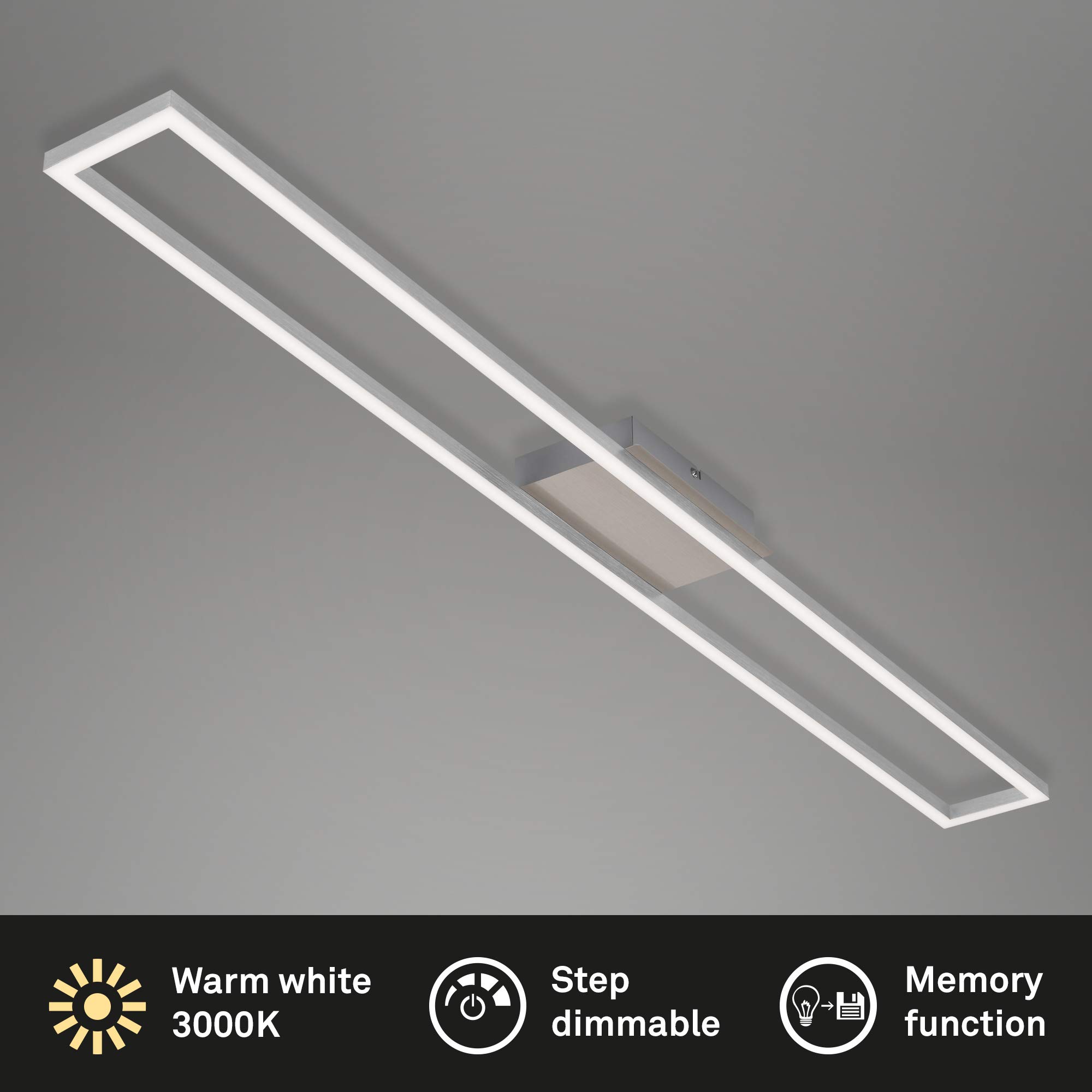 BRILONER - LED Deckenlampe dimmbar in Stufen, warmweiße Lichtfarbe, 18 Watt, 1600 Lumen, Lampe, Deckenleuchte, Wohnzimmerlampe, Schlafzimmerlampe, Küchenlampe, 110x12x5 cm, Aluminiumfarbig