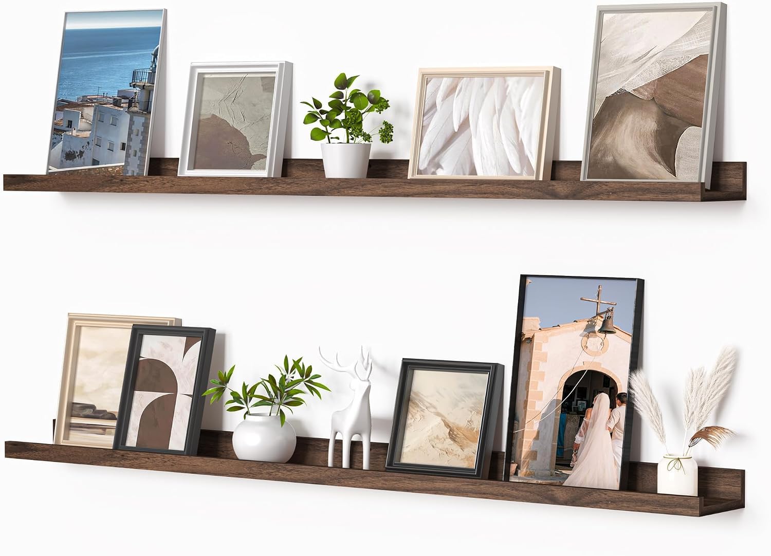 Heimlove Floating Shelves Set of 2, 120 cm Wood Wall Mounted Shelf, Picture Ledge Shelf for Photo Book Display, Kids Room, Living Room, Bedroom, Home Organization & Wall Decor, Walnut