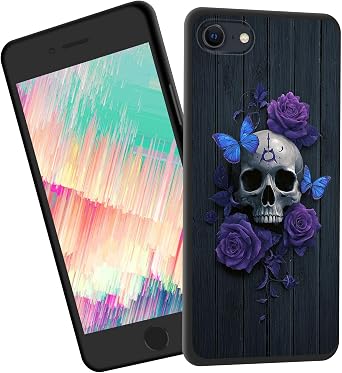 for iPhone 16e Case,Slim Shockproof TPU Soft Rubber Silicone Cover Phone Case for iPhone 16e,Skull with Roses and Butterflies