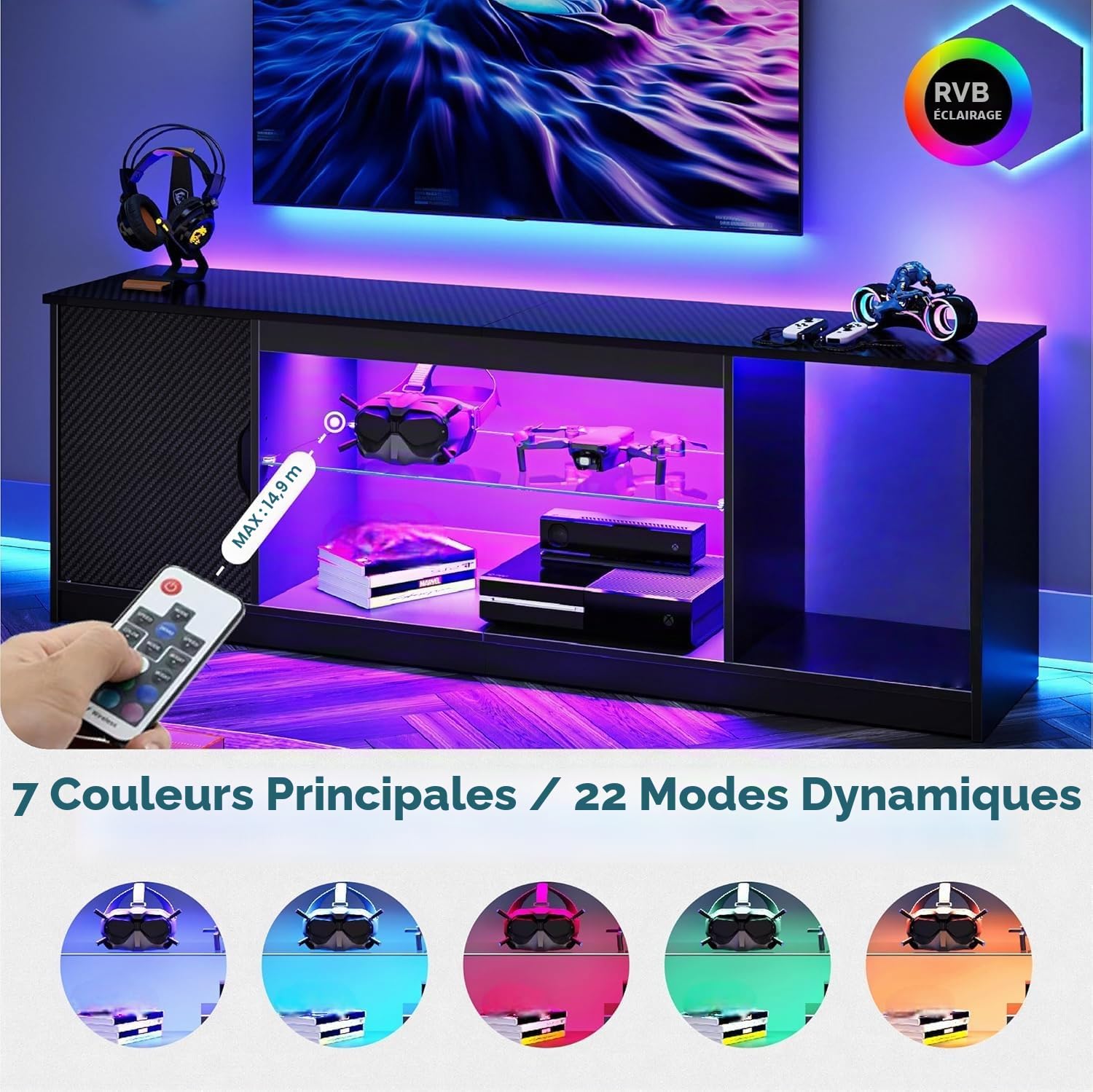 Bestier Support TV LED 145 cm pour TV de 55/60/65" avec Armoire pour PS5, Moderne, avec étagères en Verre réglables, pour Salon, Chambre à Coucher, Fibre de Carbone Noire