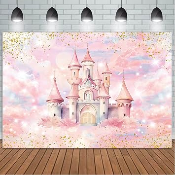 Pink Princess Castle Backdrop for Girl Birthday Watercolor Pastel Rainbow Pink Castle Birthday Party Photography Background Gold Dots Happy Birthday Decorations Supplies Photo Booth Props 7x5ft