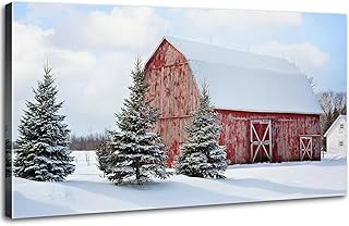 Winter Wall Art Red Barn Wall Decor Snowy Country Landscape Picture Canv...