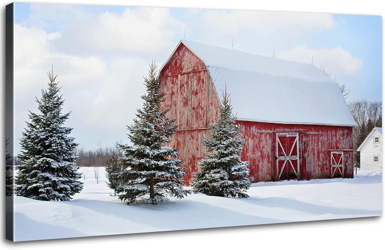 Winter Wall Art Red Barn Wall Decor Snowy Country Landscape Picture Canvas Prints for Living Room Bedroom Pine Trees Scene Painting Poster Farmhouse Christmas Decor Artwork Home Decoration 20x40”