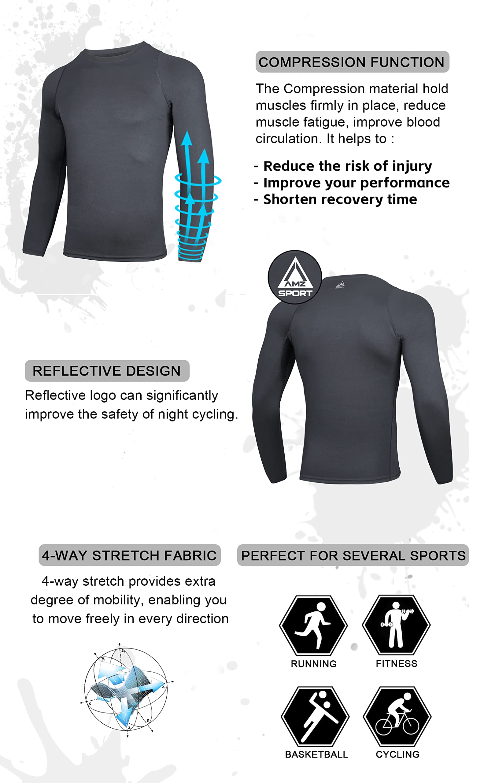 AMZSPORT 2 Pezzi Maglia Compressione Uomo Maglietta Termica Manica Lunga Maglie Sportiva Shirts Traspirante da Asciugatura Rapida Camicia Fitness Palestra