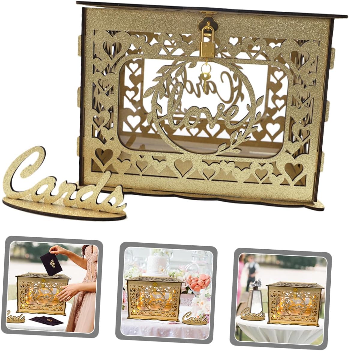 SUPVOX Wood Hollow Greeting Card Box Wooden Wedding Card Holder with Glitter Accent for Birthday Anniversary Party Decoration