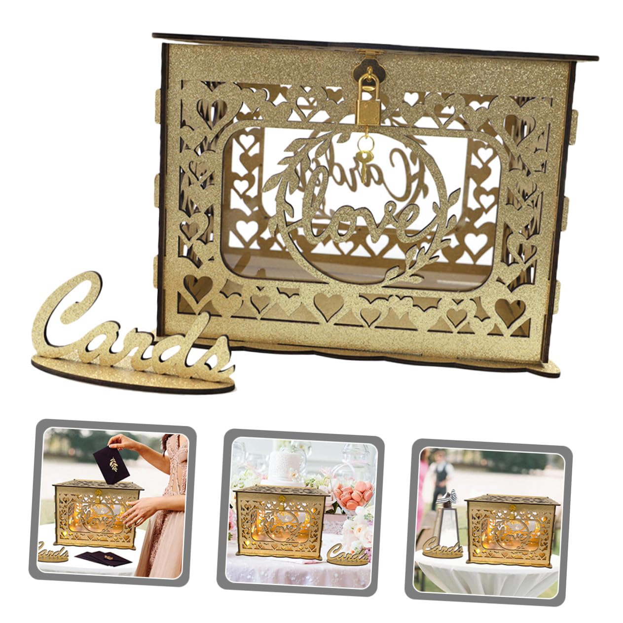 Holz Kartenbox mit Hohldesign Große Hochzeit Umschlag und Geldbox Dekorative Holz Aufbewahrungsbox für Jubiläum Empfang und Feier