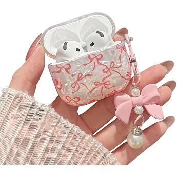 MINSCOSE Cute Glitter AirPods 4 Case Shell Pattern Bow Ribbon Trendy Design with Bowknot Pearl Keychain Protective Shockproof Case for Apple Airpods iPod 4th Generation for Women Girl Pink