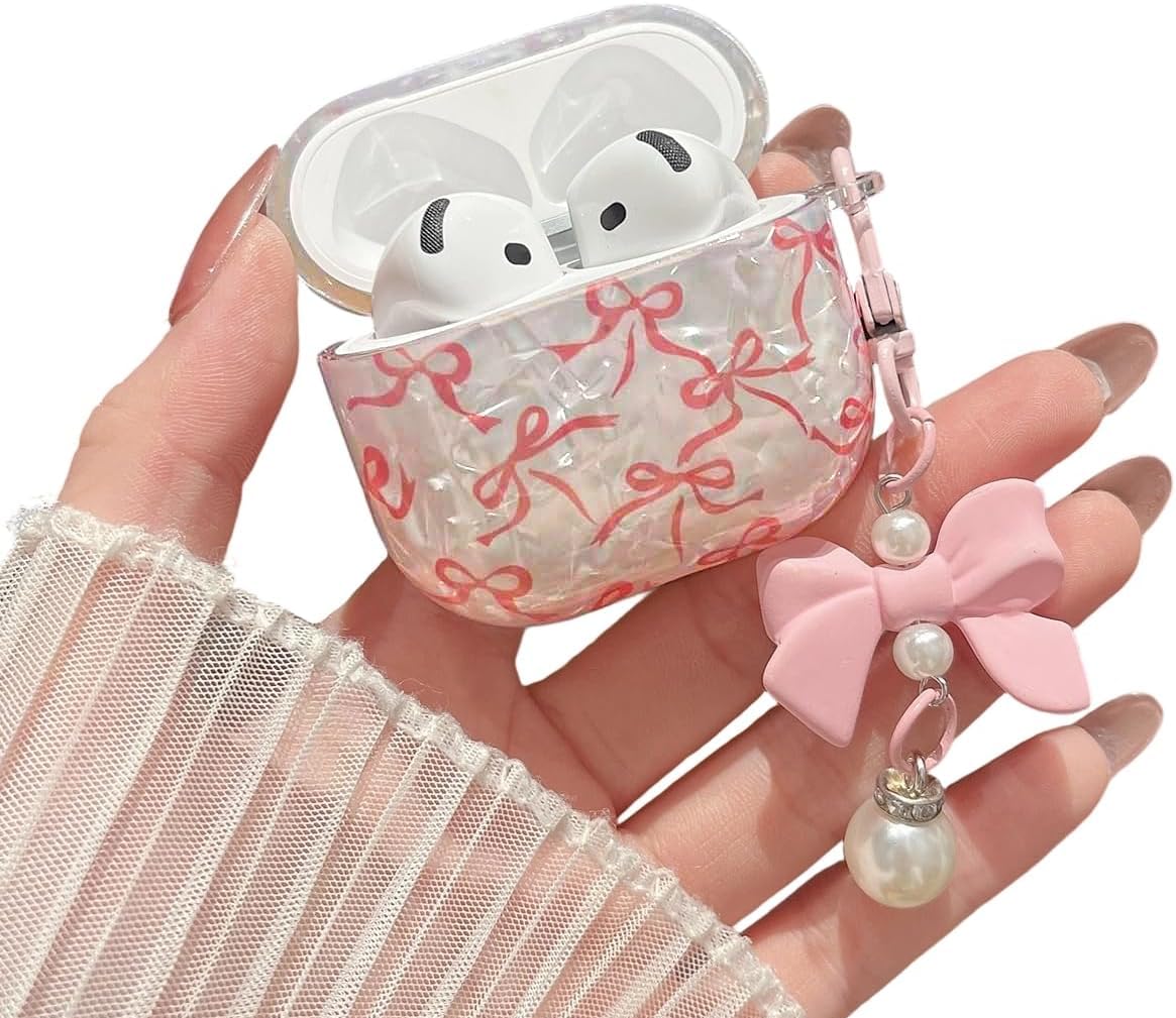MINSCOSE for Cute Glitter AirPods 4 Case,Shell Pattern Bow Ribbon Trendy Design with Bowknot Pearl Keychain,Protective Shockproof Cover for Apple