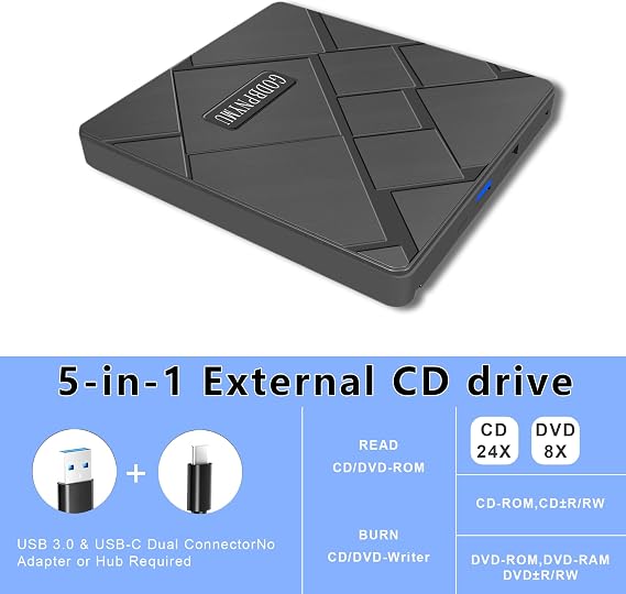 5-in-1 External CD DVD Drive for Laptop, USB 3.0 CD Burner Player | Plug-and-play external DVD drive for PC, compatible with MacBook, Mac, and Windows 11/10/8/7 laptops & desktops.