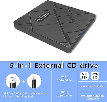 5-in-1 External CD DVD Drive for Laptop, USB 3.0 CD Burner Player | Plug-and-play external DVD drive for PC, compatible with MacBook, Mac, and Windows 11/10/8/7 laptops & desktops.